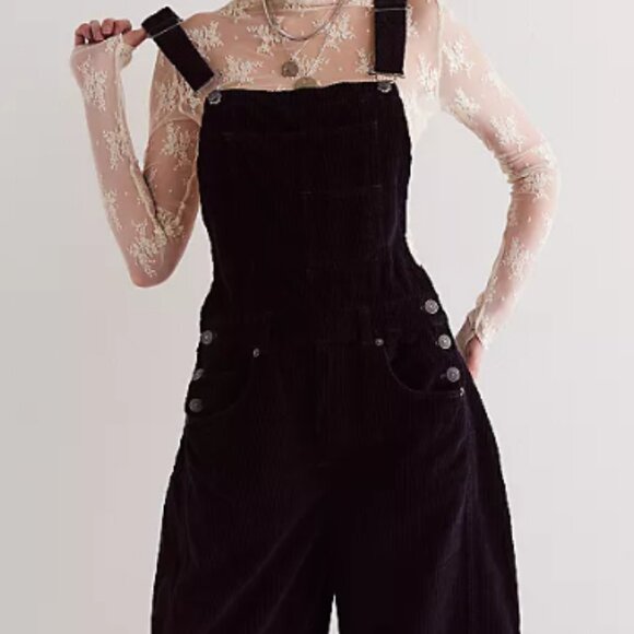 FREE PEOPLE We The Free Good Luck Barrel Leg Overalls in Black - Picture 2 of 13